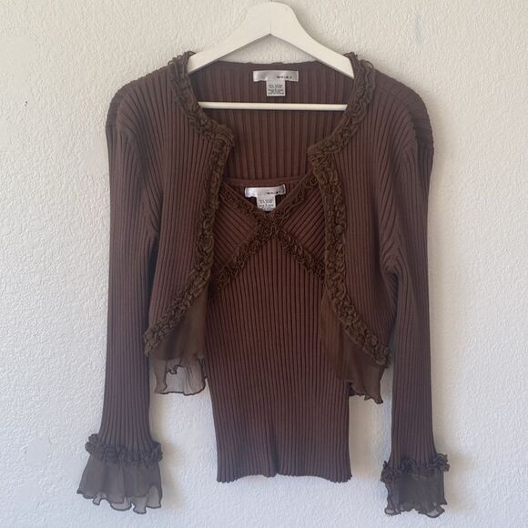 Vintage Y2k wd ny Brown Ribbed Long Sleeve Cardigan and Tank Top Set - Picture 2 of 6